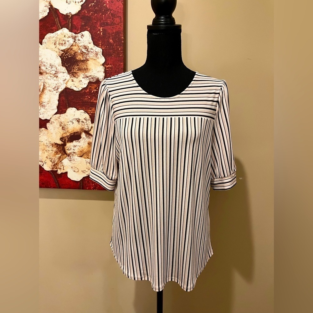 Adrianna Papell Yoke Blouse in Blush, Black & White Stripes, size M